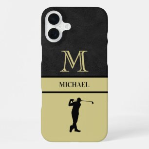 Golf-Typ Schwarzes Leder-Textur-Monogramm-Name iPhone 16 Plus Hülle
