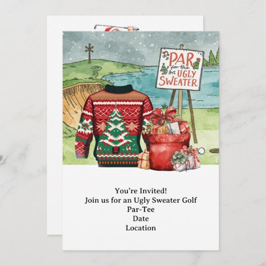 Golf Ugly Sweater Weihnachtskarte Party Einladung (Vorne/Hinten)