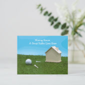 Golf Umzug Haus mit einem großen Golfer lebt hier Postkarte (Stehend Vorderseite)