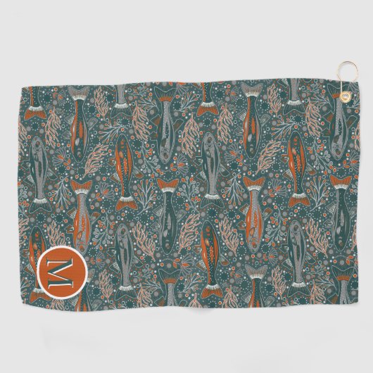 Golf und Fischerei Bachforelle Blauer Orange Grau Golfhandtuch (Horizontal)