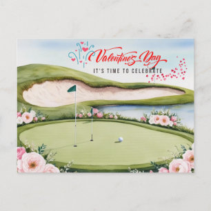 Golf Valentinstag mit Golfwagen auf Golfplatz Hol Feiertagspostkarte