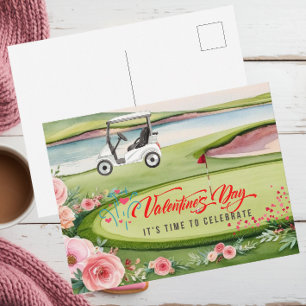 Golf Valentinstag mit Golfwagen auf Kurs Feiertagspostkarte