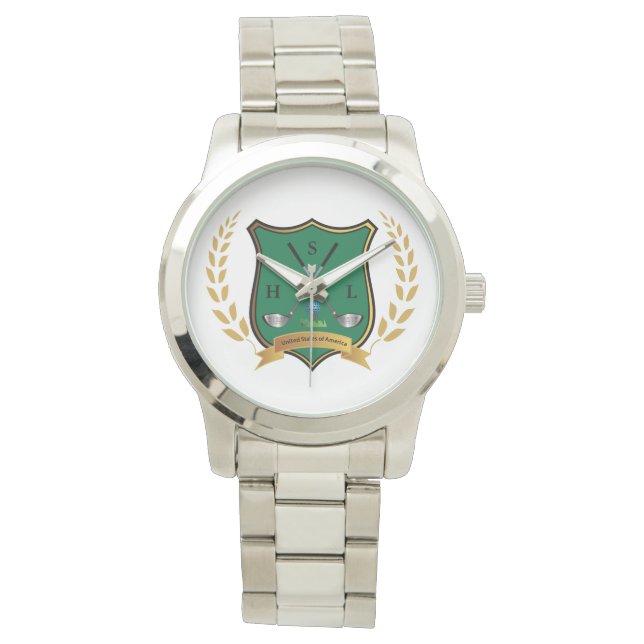 GOLF Wappen mit Laurel Wreath Monogram Mens Watch Armbanduhr (Vorderseite)