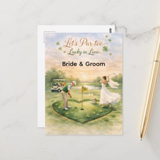 Golf Wedding Lucky in Love St. Patrick's Day theme Postkarte (Vorderseite/Rückseite Beispiel)