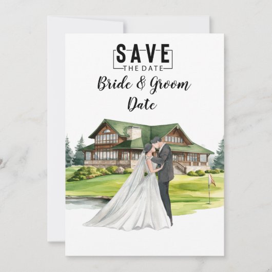 Golf Wedding mit Braut und Bräutigam im Clubhaus Einladung (Vorderseite)