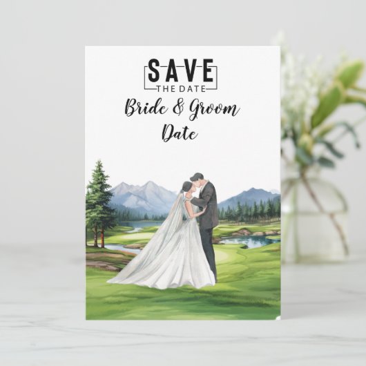 Golf Wedding mit Braut und Bräutigam im Clubhaus Einladung (Stehend Vorderseite)