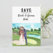 Golf Wedding mit Braut und Bräutigam im Clubhaus Einladung (Stehend Vorderseite)