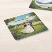 Golf Wedding Party with Bride & Groom on Green Rechteckiger Pappuntersetzer (angewinkelt)