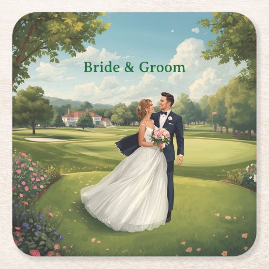 Golf Wedding Party with Bride & Groom on Green Rechteckiger Pappuntersetzer (Vorderseite)