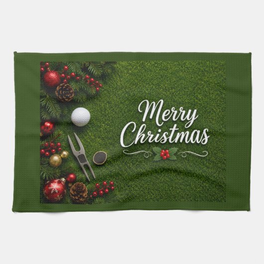 Golf-Weihnachten auf grünem Gras Geschirrtuch (Horizontal)