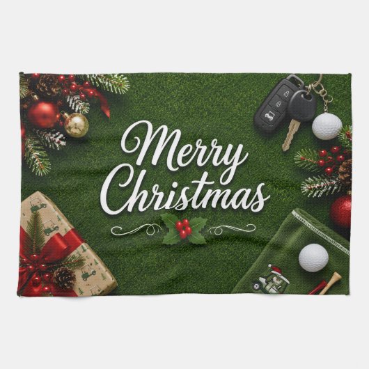 Golf-Weihnachten auf grünem Gras Geschirrtuch (Horizontal)