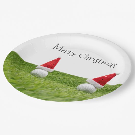 Golf Weihnachten mit Golfball und Weihnachtsmannmü Pappteller (Schrägansicht)