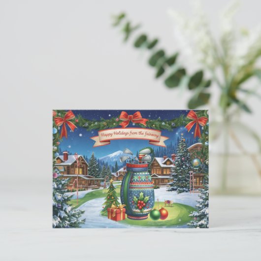 Golf Weihnachten mit Golftasche auf Grün Postkarte (Stehend Vorderseite)
