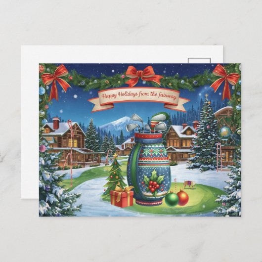 Golf Weihnachten mit Golftasche auf Grün Postkarte (Vorne/Hinten)