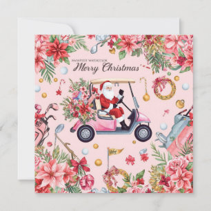 Golf-Weihnachts-Thema Santa fährt rosa Golfwagen Feiertagskarte