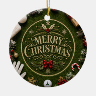 Golf-Weihnachtsfeier auf grünem Rasen Keramik Ornament