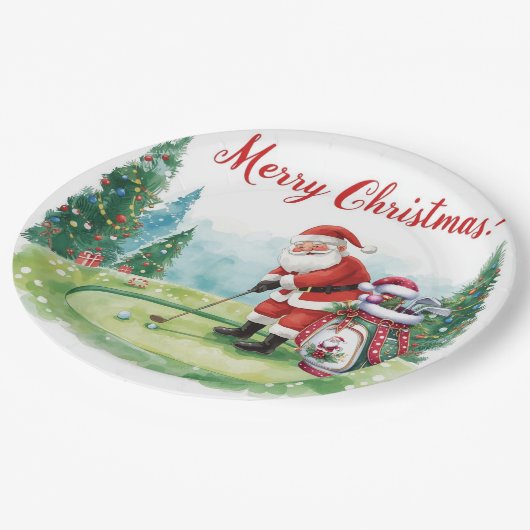 Golf Weihnachtsgolfen Santa Golfer auf Golfflagge Pappteller (Schrägansicht)