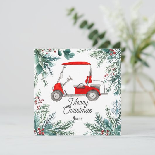 Golf Weihnachtskarte mit Golfwagen für Golfer (Stehend Vorderseite)
