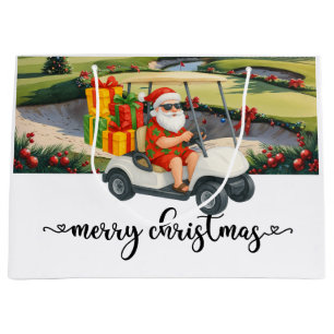 Golf Weihnachtsmann fährt roten Wagen Weihnachtsba Große Geschenktüte