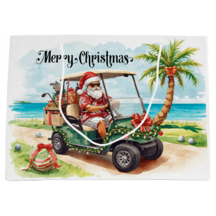 Golf-Weihnachtsmann Golfer fährt Weihnachts-Golfwa Große Geschenktüte
