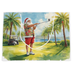 Golf-Weihnachtsmann spielt Golf am Strand Große Geschenktüte