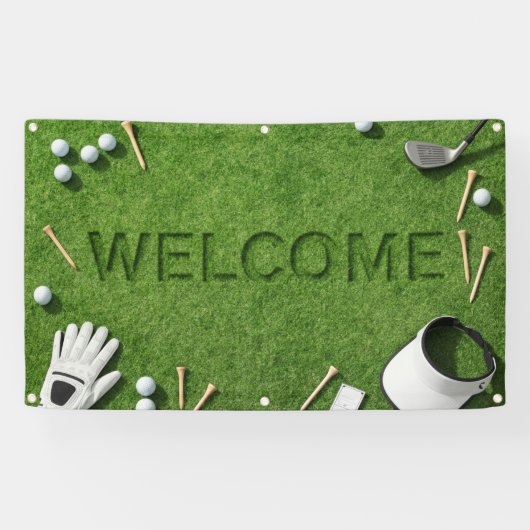 Golf-Willkommensschild mit Golf und Tee auf grünem Banner (Horizontal)
