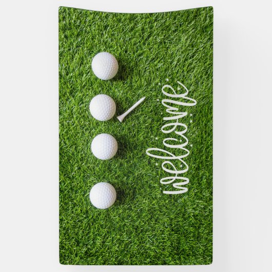 Golf Willkommensschild mit Golfball auf grünem Gra Banner (Vertikal)