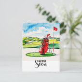 Golf wird bald gesund mit Golftasche, die grün wir Postkarte (Stehend Vorderseite)
