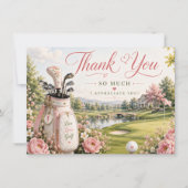 Golfbag auf Golfplatz mit Blumen Dankeskarte (Vorderseite)