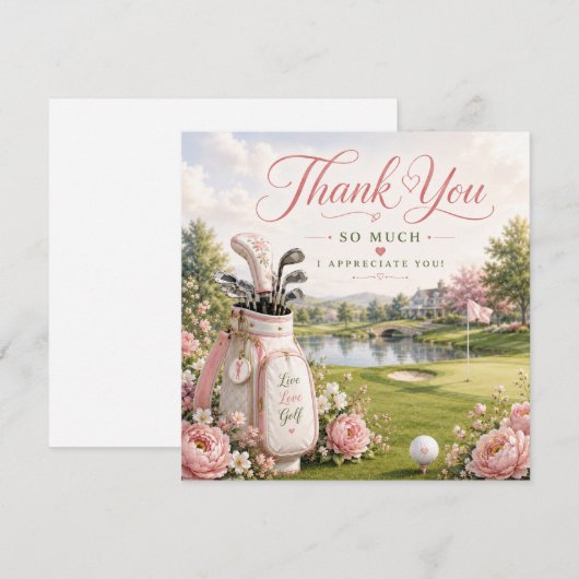 Golfbag auf Golfplatz mit Blumen Dankeskarte (Vorne/Hinten)