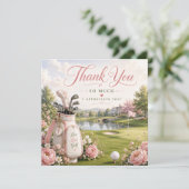 Golfbag auf Golfplatz mit Blumen Dankeskarte (Stehend Vorderseite)