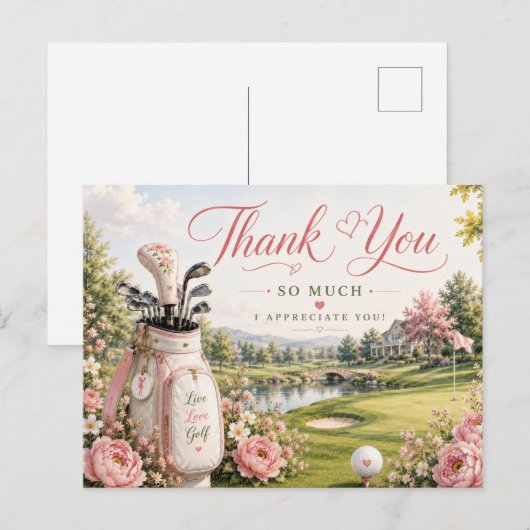 Golfbag auf Golfplatz mit Blumen  Postkarte (Vorne/Hinten)