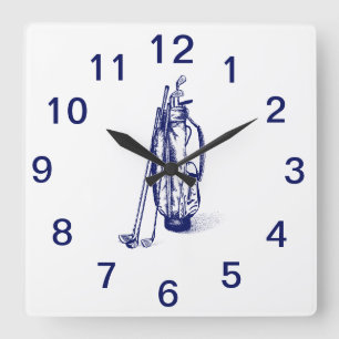 Golfbag Golfschläger Blau Quadratische Wanduhr