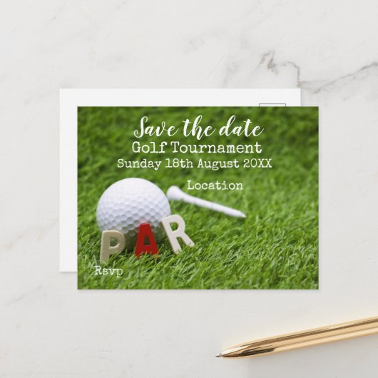 Golfball auf Grün Save the Date für Golfer Ankündigungspostkarte (Vorderseite/Rückseite Beispiel)