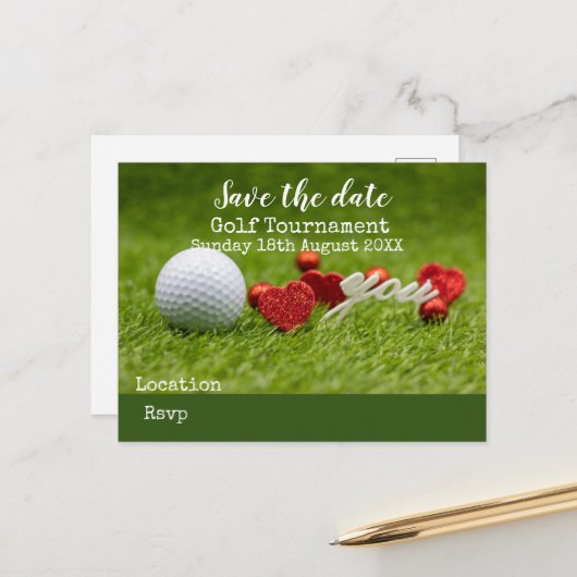 Golfball auf Grün Save the Date für Golfer-Ansage Ankündigungspostkarte (Vorderseite/Rückseite Beispiel)