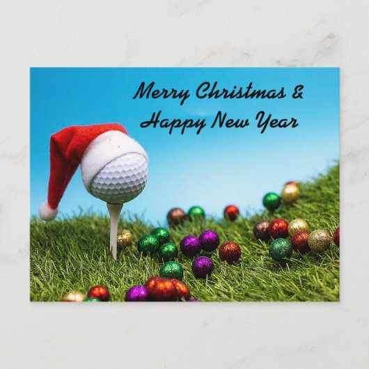 Golfball auf Tee mit Weihnachtsmannmütze für Weihn Postkarte (Vorderseite)