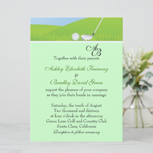 Golfball, der grüne Monogramm-Hochzeit Golf spielt Einladung (Stehend Vorderseite)
