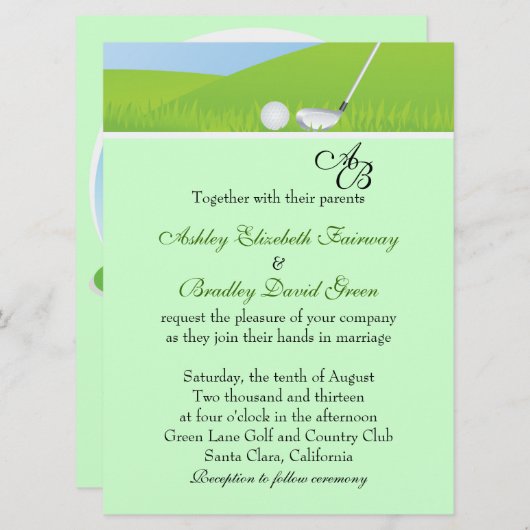 Golfball, der grüne Monogramm-Hochzeit Golf spielt Einladung (Vorne/Hinten)