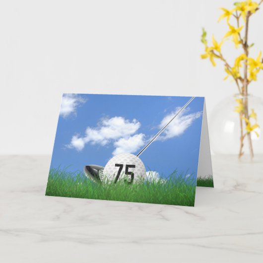 Golfball im Gras, 75. Geburtstag Karte (Gelbe Blume)