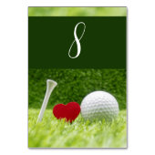 Golfball mit Abschlag und Liebe zum Golfer Tischnummer (Vorderseite)