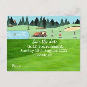 Golfball mit Golfclub Save the Date auf Grün Ankündigungspostkarte