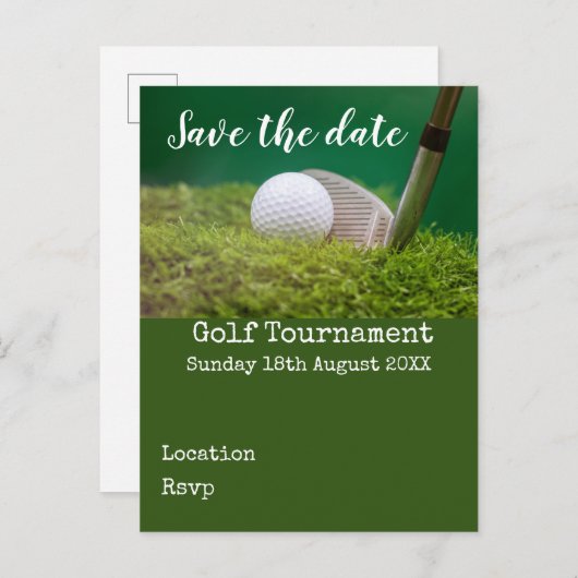 Golfball mit Golfclub Save the Date auf Grün Ankündigungspostkarte (Vorne/Hinten)