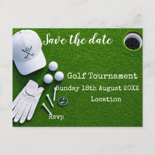 Golfball mit Golfschläger auf Grün Save-the-Date Ankündigungspostkarte