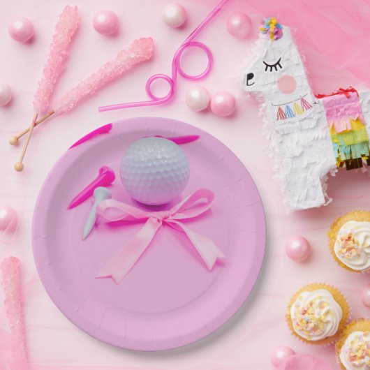 Golfball mit rosa Bändchen, Babydusche Pappteller (Party)
