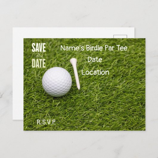 Golfball mit Tee Save the Date grün Postkarte (Vorne/Hinten)