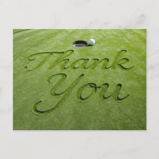 Golfball mit Text Danke auf grünem Gras Postkarte (Vorderseite)