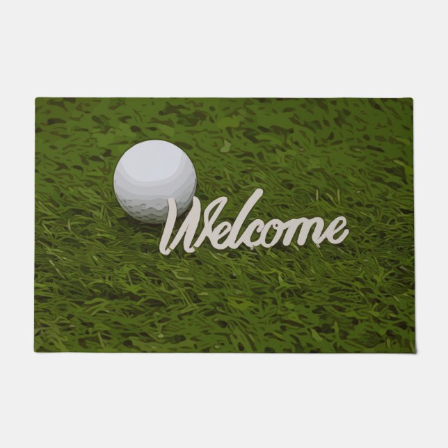 Golfball mit Willkommensgruß für Golfer auf grünem Fußmatte (Vorderseite)