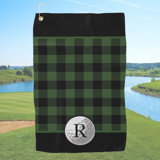 Golfball-monogramm auf grünem Büffelkaromuster ind Golfhandtuch