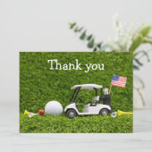 Golfball und Golfwagen mit Flagge Amerikas Dankeskarte (Stehend Vorderseite)