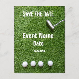 Golfball und Putter auf grün Save the Date Postkarte